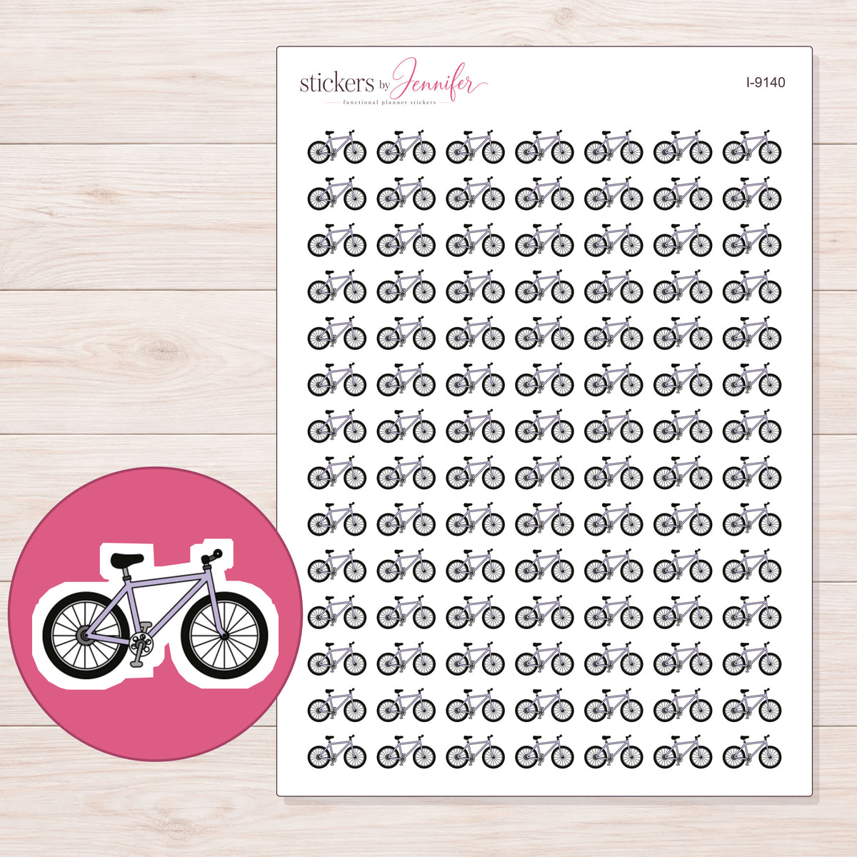 Gray Bicycle Planner Stickers | I-9140 — 5 × 7 inch sheet and enlarged sticker detail