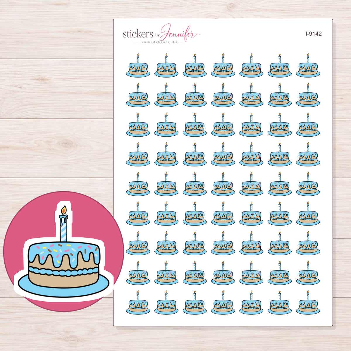 Blue Birthday Cake Planner Stickers | I-9142 — 5 × 7 inch sheet and enlarged sticker detail