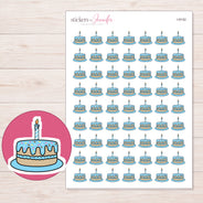 Blue Birthday Cake Planner Stickers | I-9142 — 5 × 7 inch sheet and enlarged sticker detail