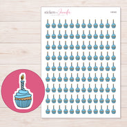 Blue Birthday Cupcake Planner Stickers | I-9143 — 5 × 7 inch sheet and enlarged sticker detail