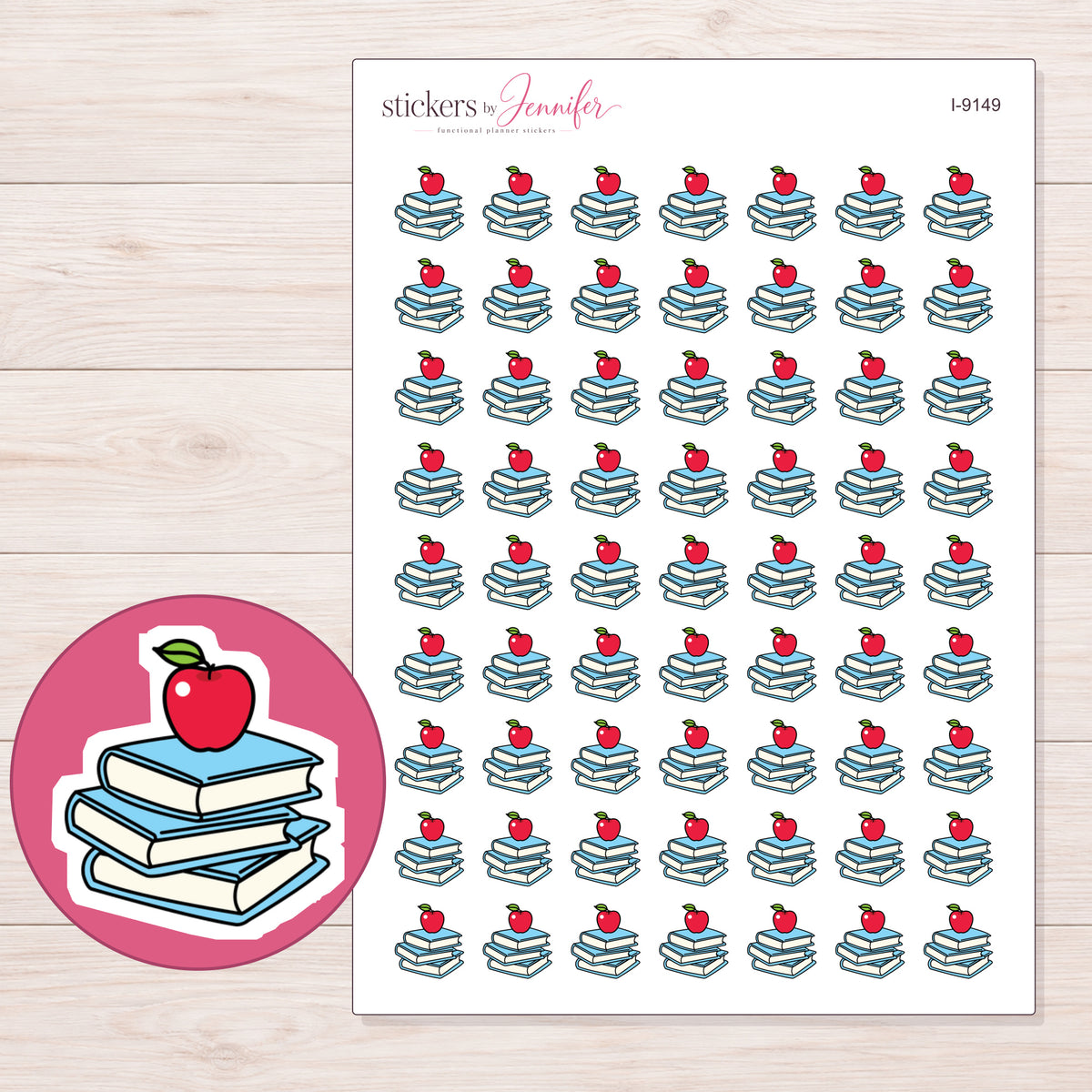 Blue Books and Red Apple Planner Stickers | I-9149 — 5 × 7 inch sheet and enlarged sticker detail