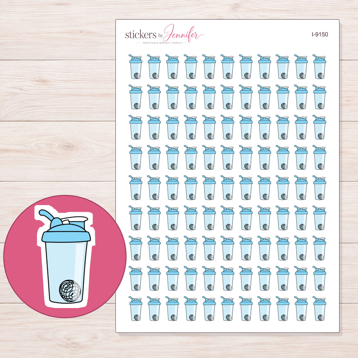 Blue Shaker Bottle Planner Stickers | I-9150 — 5 × 7 inch sheet and enlarged sticker detail
