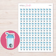 Blue Shaker Bottle Planner Stickers | I-9150 — 5 × 7 inch sheet and enlarged sticker detail