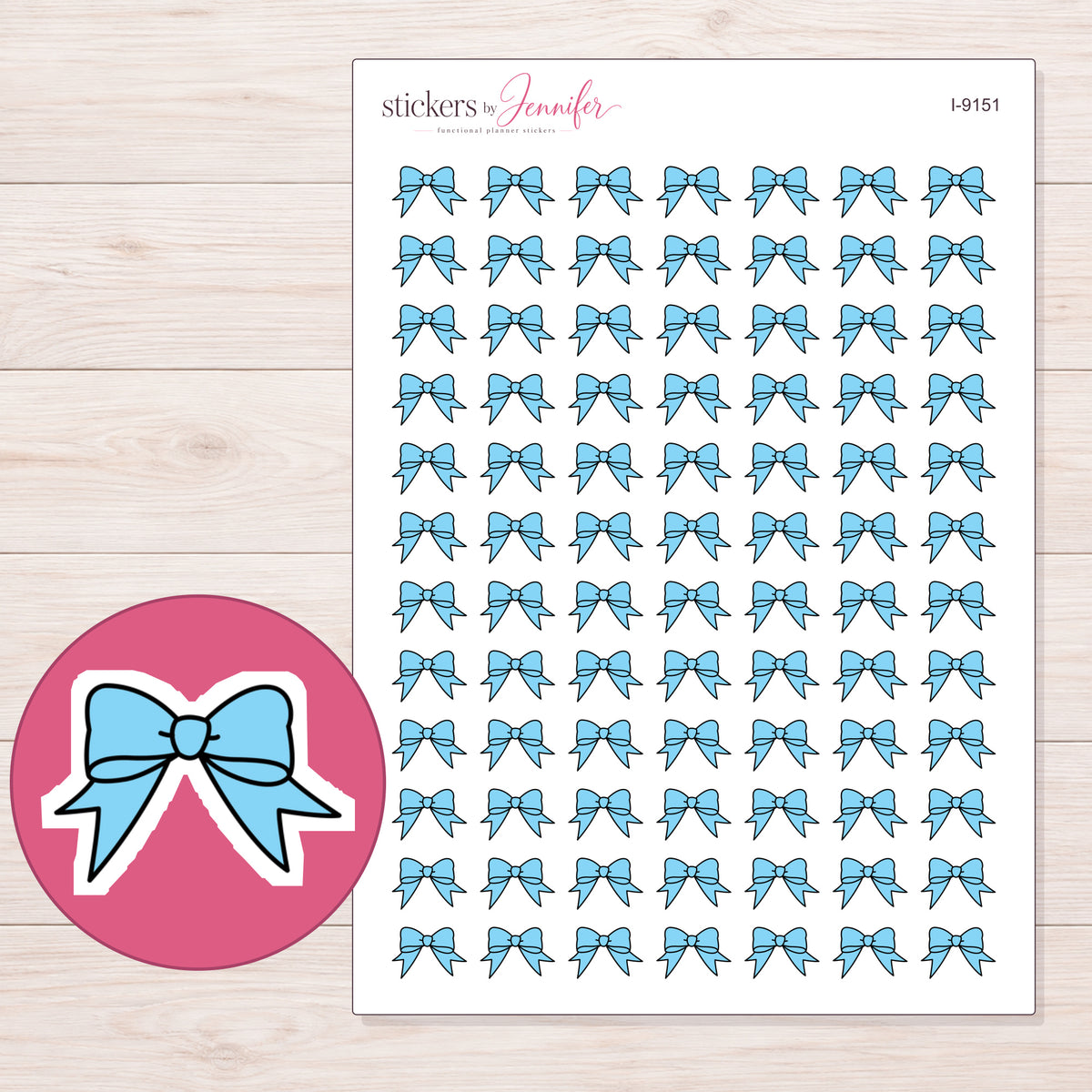 Blue Ribbon Bow Planner Stickers | I-9151 — 5 × 7 inch sheet and enlarged sticker detail