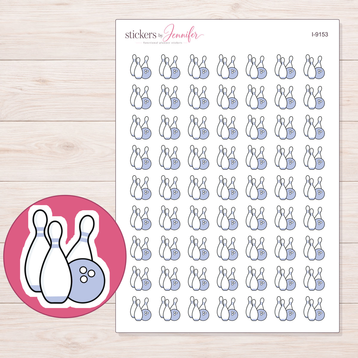 Lavender Bowling Ball and Pins Planner Stickers | I-9153 — 5 × 7 inch sheet and enlarged sticker detail