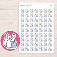 Lavender Bowling Ball and Pins Planner Stickers | I-9153 — 5 × 7 inch sheet and enlarged sticker detail
