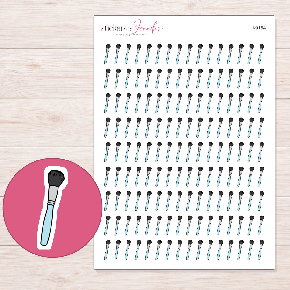 Pale Blue Makeup Brush Planner Stickers | I-9154 — 5 × 7 inch sheet and enlarged sticker detail