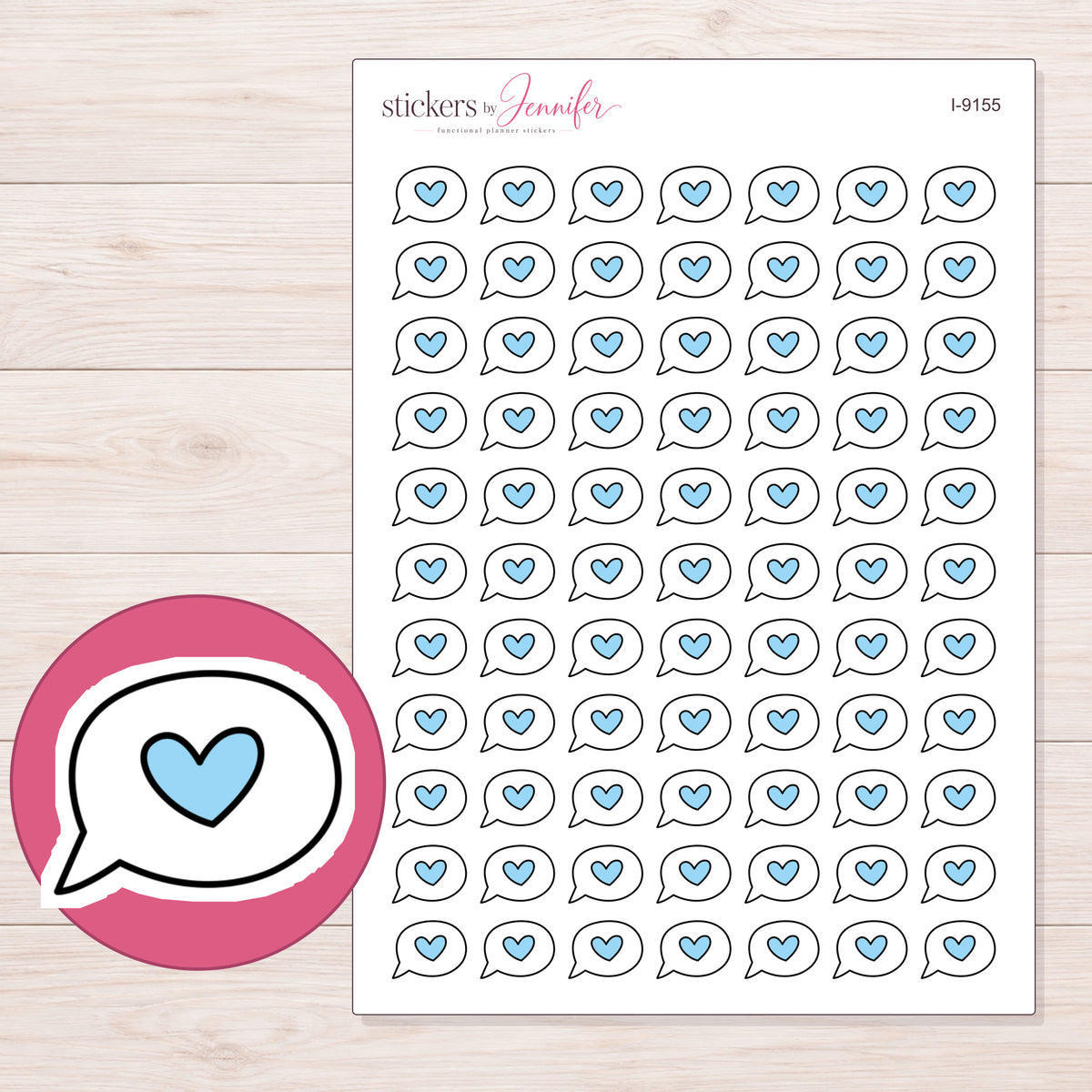 Blue Heart Speech Bubble Planner Stickers | I-9155 — 5 × 7 inch sheet and enlarged sticker detail