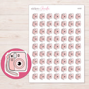 Pink Instant Camera Planner Stickers | I-9157 — 5 × 7 inch sheet and enlarged sticker detail