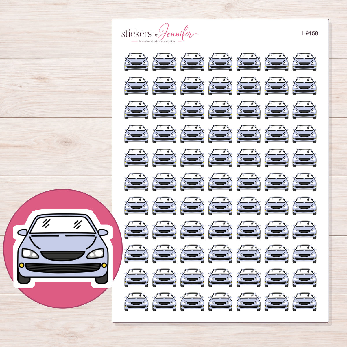 Gray Front View Car Planner Stickers | I-9158 — 5 × 7 inch sheet and enlarged sticker detail