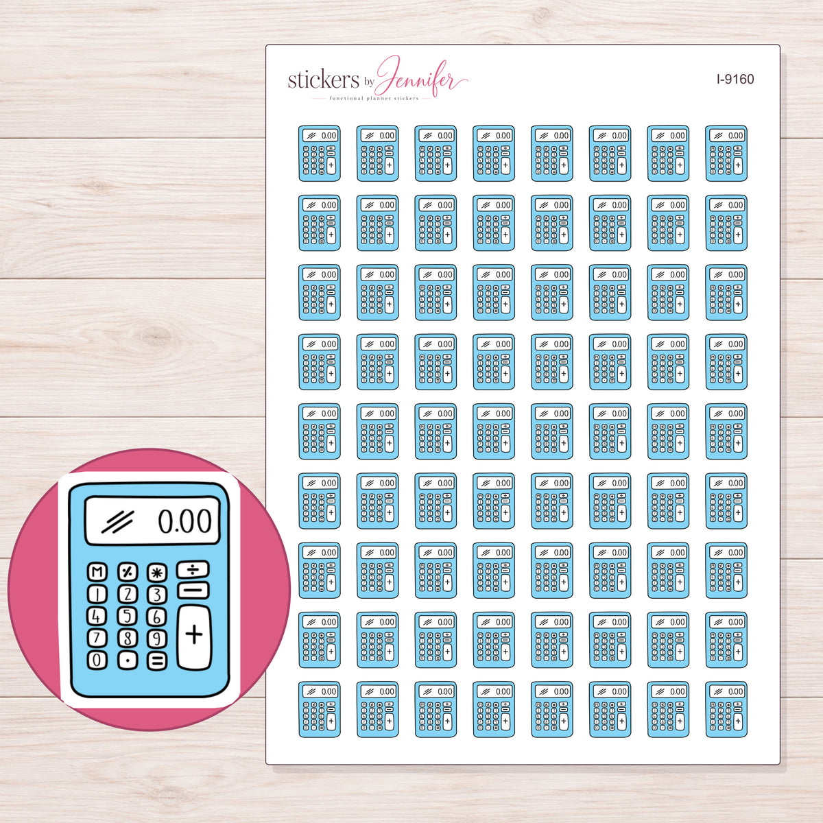 Blue Calculator Planner Stickers | I-9160 — 5 × 7 inch sheet and enlarged sticker detail