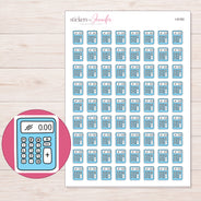 Blue Calculator Planner Stickers | I-9160 — 5 × 7 inch sheet and enlarged sticker detail