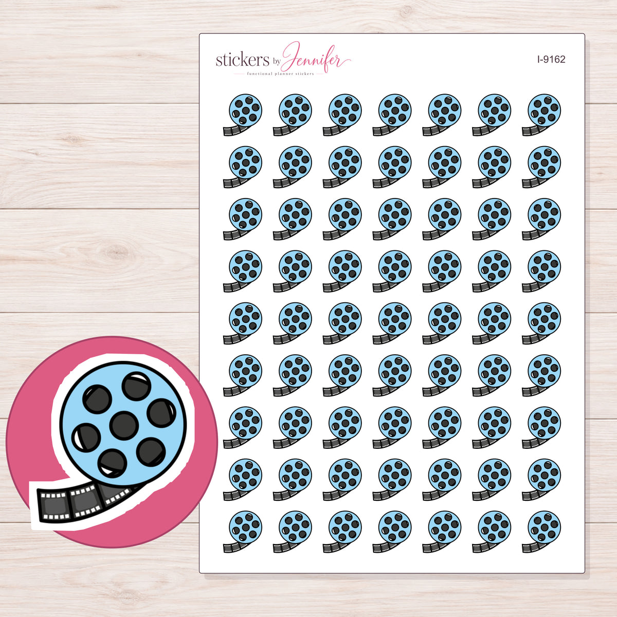 Blue Film Reel Planner Stickers | I-9162 — 5 × 7 inch sheet and enlarged sticker detail