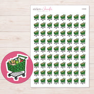 Green Grocery Cart Planner Stickers | I-9163 — 5 × 7 inch sheet and enlarged sticker detail