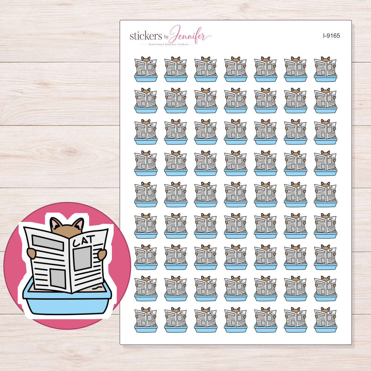 Cat in Blue Litter Tray Planner Stickers | I-9165 — 5 × 7 inch sheet and enlarged sticker detail
