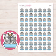 Cat in Blue Litter Tray Planner Stickers | I-9165 — 5 × 7 inch sheet and enlarged sticker detail