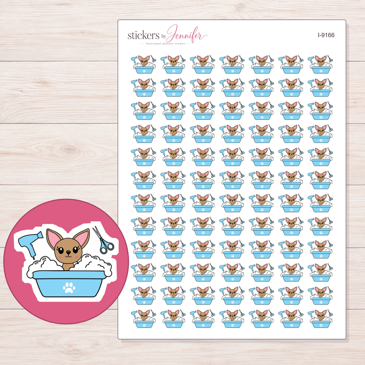 Chihuahua in Blue Grooming Tub Planner Stickers | I-9166 — 5 × 7 inch sheet and enlarged sticker detail