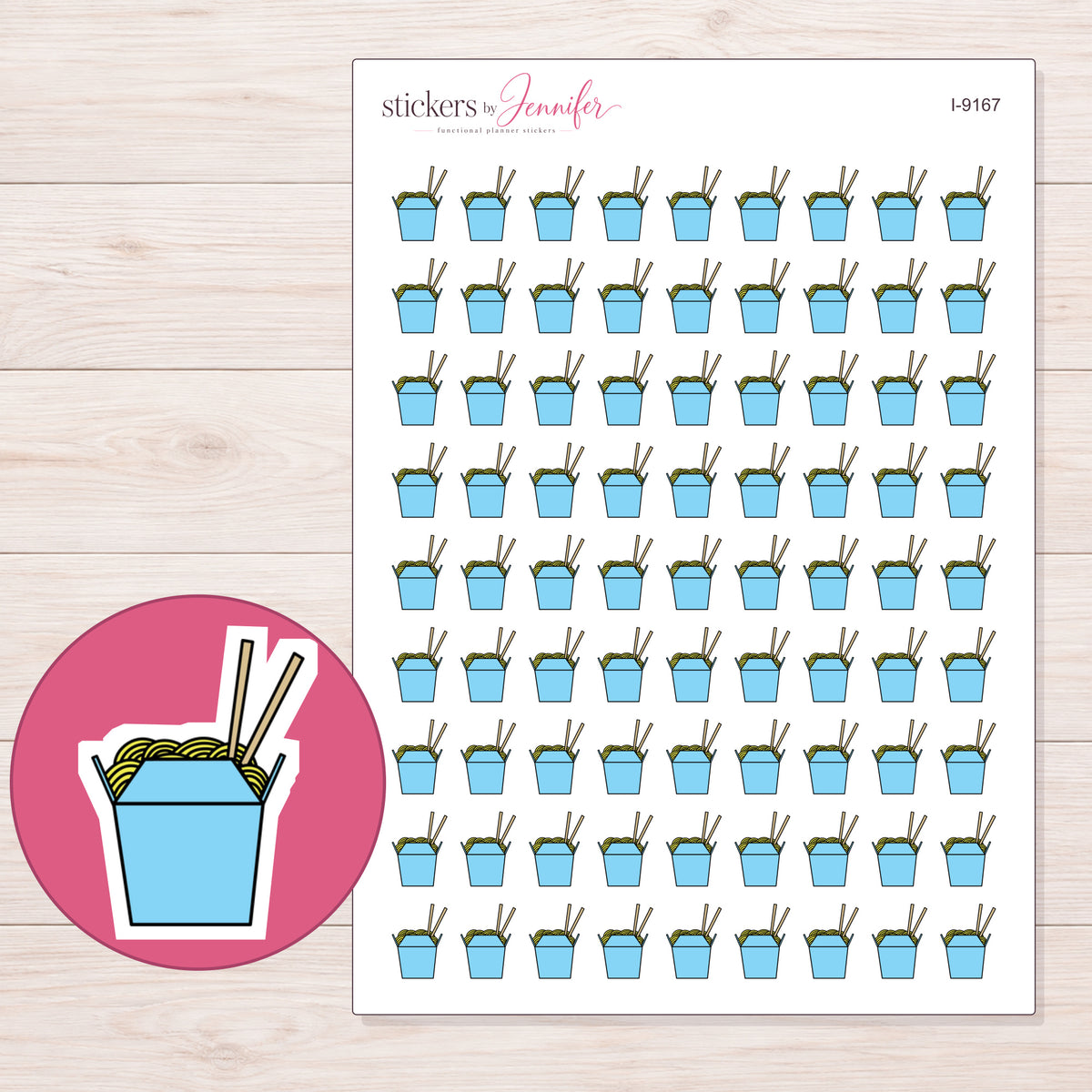 Blue Noodle Takeout Box Planner Stickers | I-9167 — 5 × 7 inch sheet and enlarged sticker detail