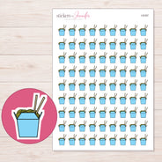 Blue Noodle Takeout Box Planner Stickers | I-9167 — 5 × 7 inch sheet and enlarged sticker detail