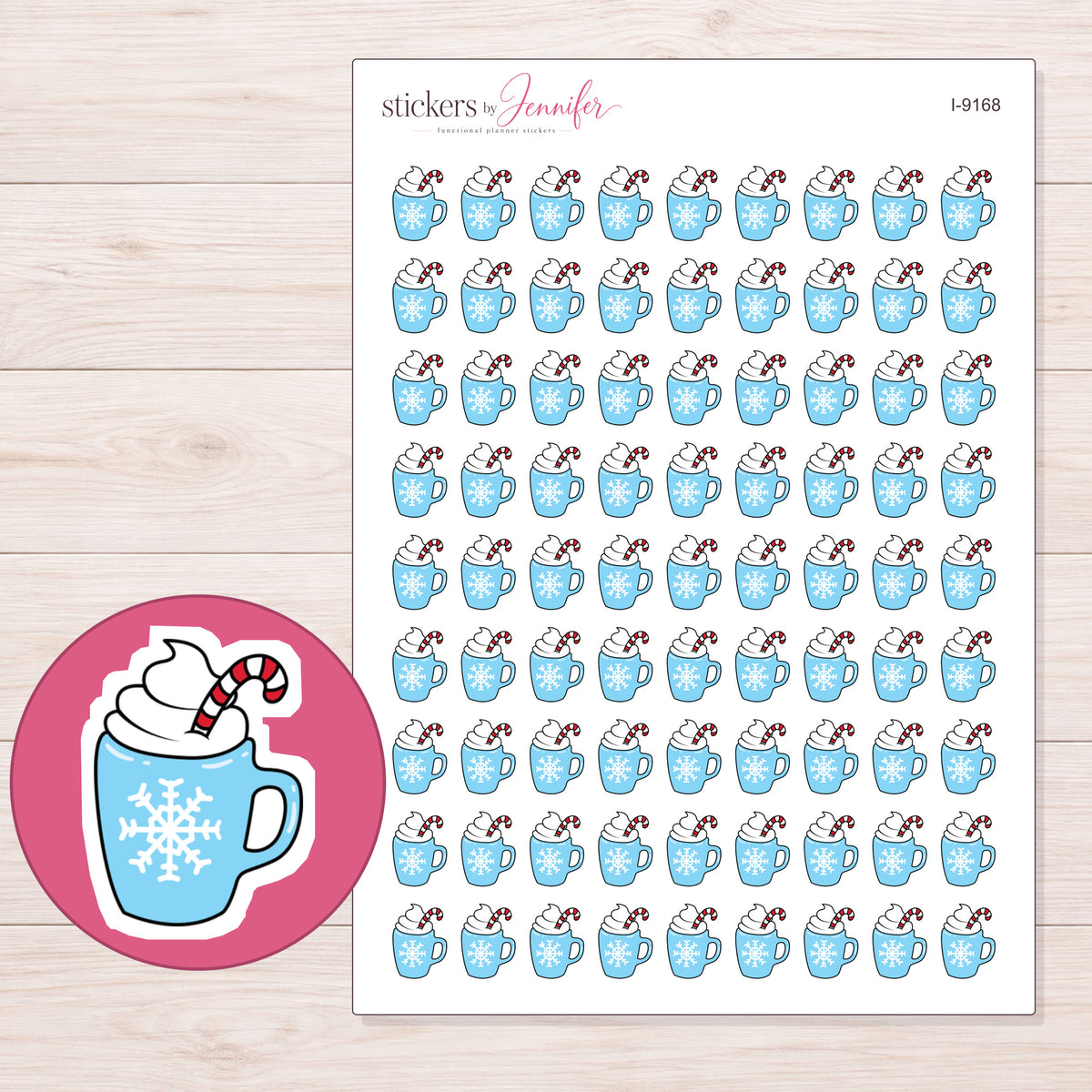 Blue Snowflake Cocoa Mug Planner Stickers | I-9168 — 5 × 7 inch sheet and enlarged sticker detail