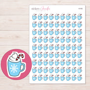 Blue Snowflake Cocoa Mug Planner Stickers | I-9168 — 5 × 7 inch sheet and enlarged sticker detail