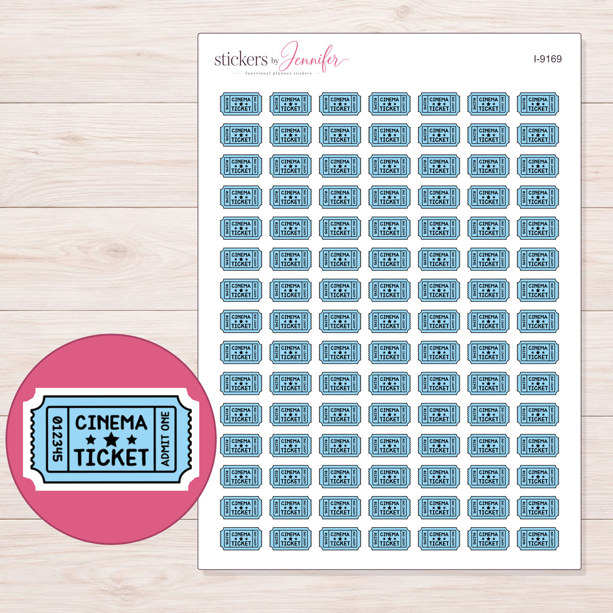 Blue Cinema Ticket Planner Stickers | I-9169 — 5 × 7 inch sheet and enlarged sticker detail