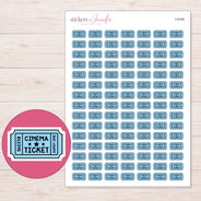 Blue Cinema Ticket Planner Stickers | I-9169 — 5 × 7 inch sheet and enlarged sticker detail