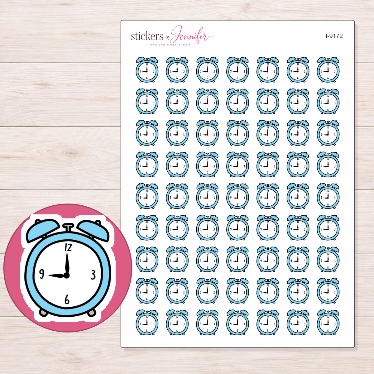 Blue Alarm Clock Planner Stickers | I-9172 — 5 × 7 inch sheet and enlarged sticker detail