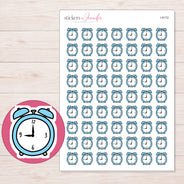 Blue Alarm Clock Planner Stickers | I-9172 — 5 × 7 inch sheet and enlarged sticker detail