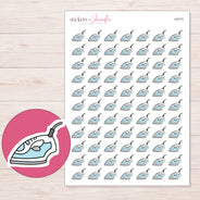 Pale Blue Clothes Iron Planner Stickers | I-9173 — 5 × 7 inch sheet and enlarged sticker detail