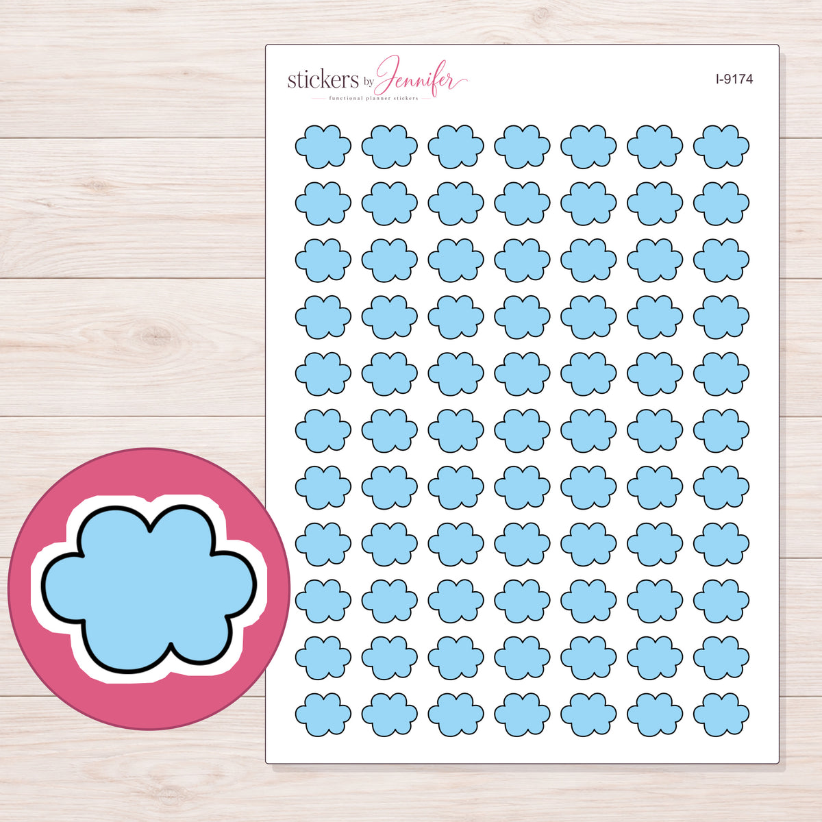 Blue Puffy Cloud Planner Stickers | I-9174 — 5 × 7 inch sheet and enlarged sticker detail