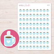 Pale Blue Heart Coffee Mug Planner Stickers | I-9175 — 5 × 7 inch sheet and enlarged sticker detail