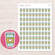 Mint and Yellow Heart Coffee Cup Planner Stickers | I-9176 — 5 × 7 inch sheet and enlarged sticker detail