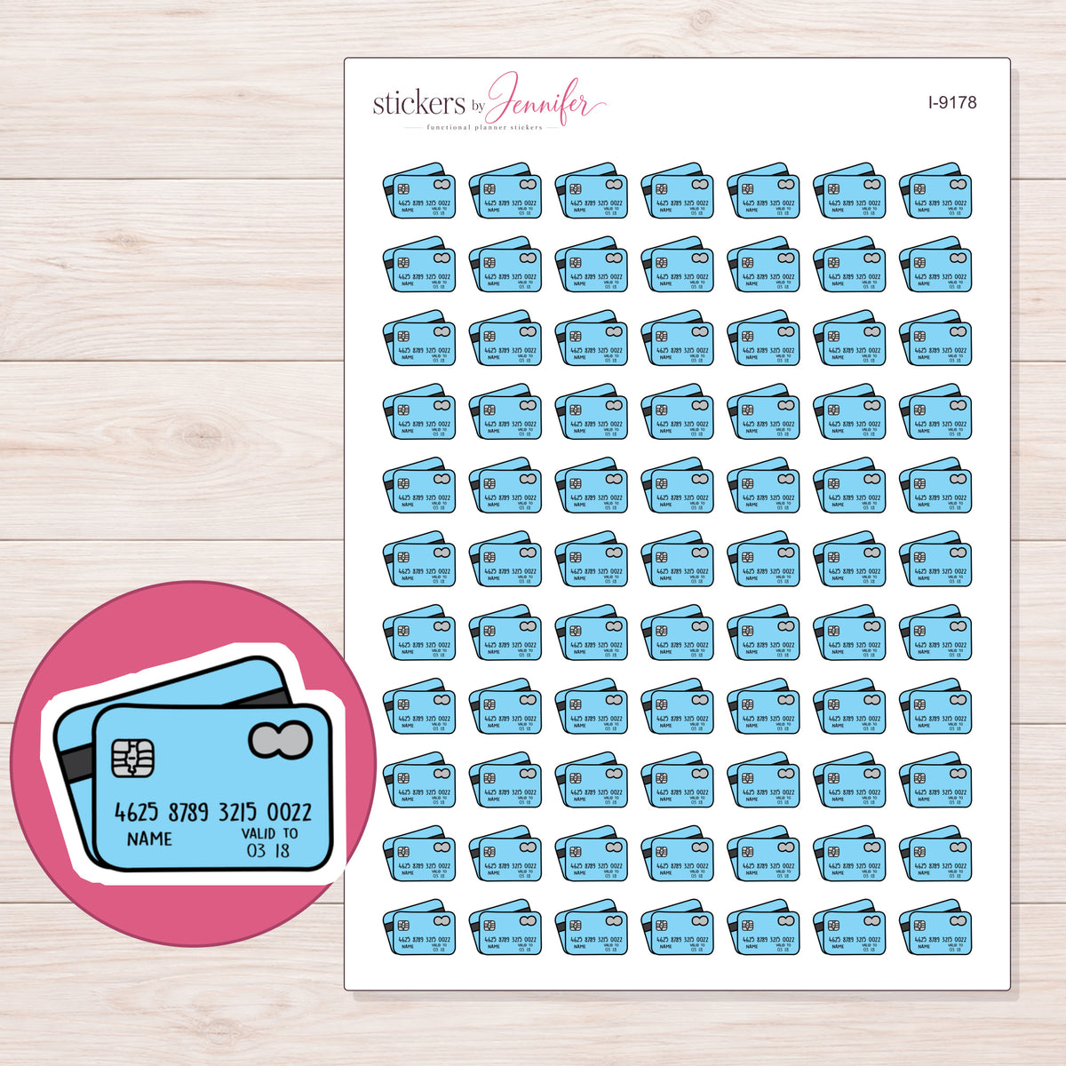 Blue Credit Cards Planner Stickers | I-9178 — 5 × 7 inch sheet and enlarged sticker detail