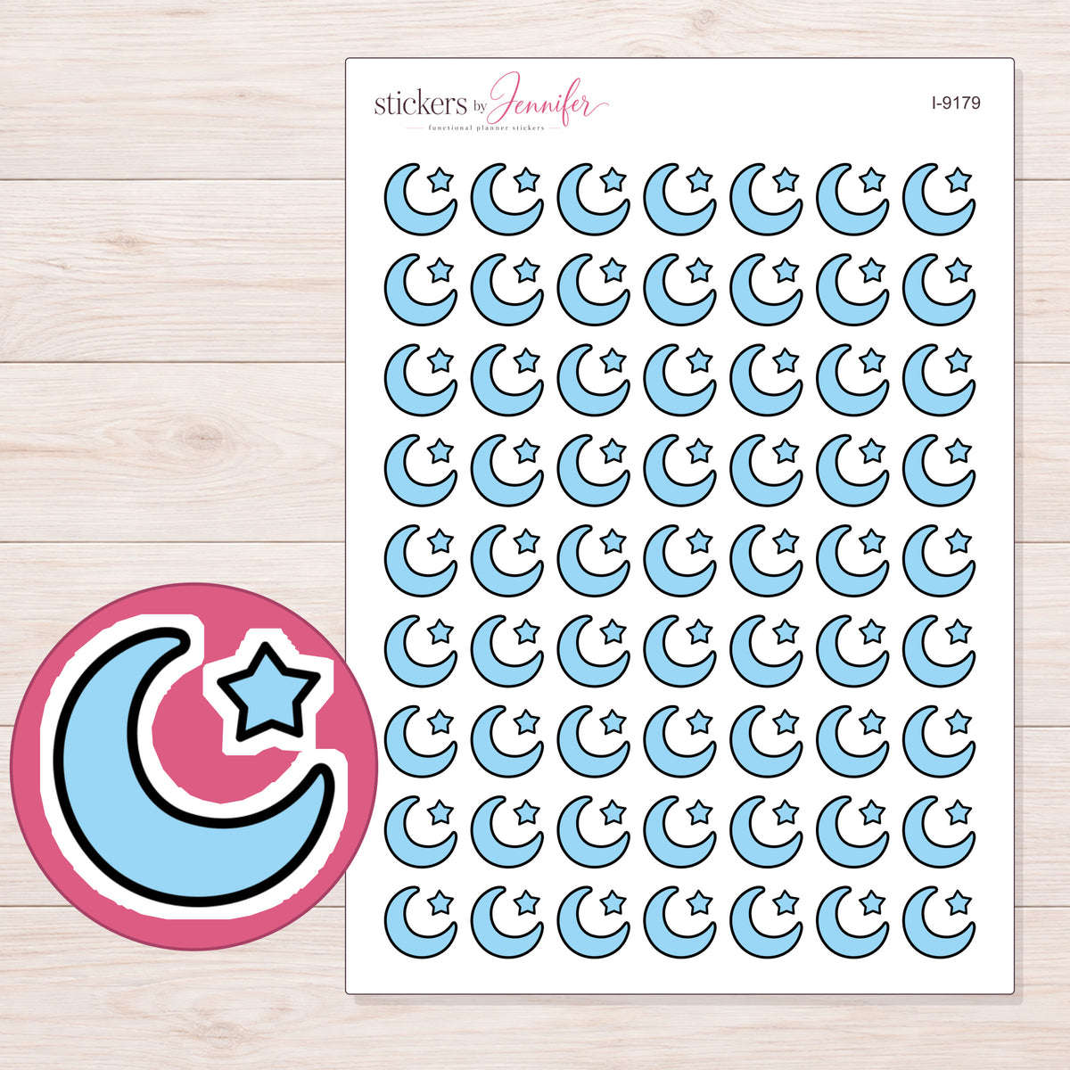Blue Crescent Moon and Star Planner Stickers | I-9179 — 5 × 7 inch sheet and enlarged sticker detail