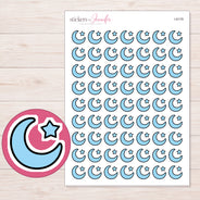 Blue Crescent Moon and Star Planner Stickers | I-9179 — 5 × 7 inch sheet and enlarged sticker detail