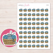 Blue Crochet Yarn Basket Planner Stickers | I-9180 — 5 × 7 inch sheet and enlarged sticker detail