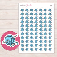 Blue Yarn Ball and Crochet Hook Planner Stickers | I-9181 — 5 × 7 inch sheet and enlarged sticker detail