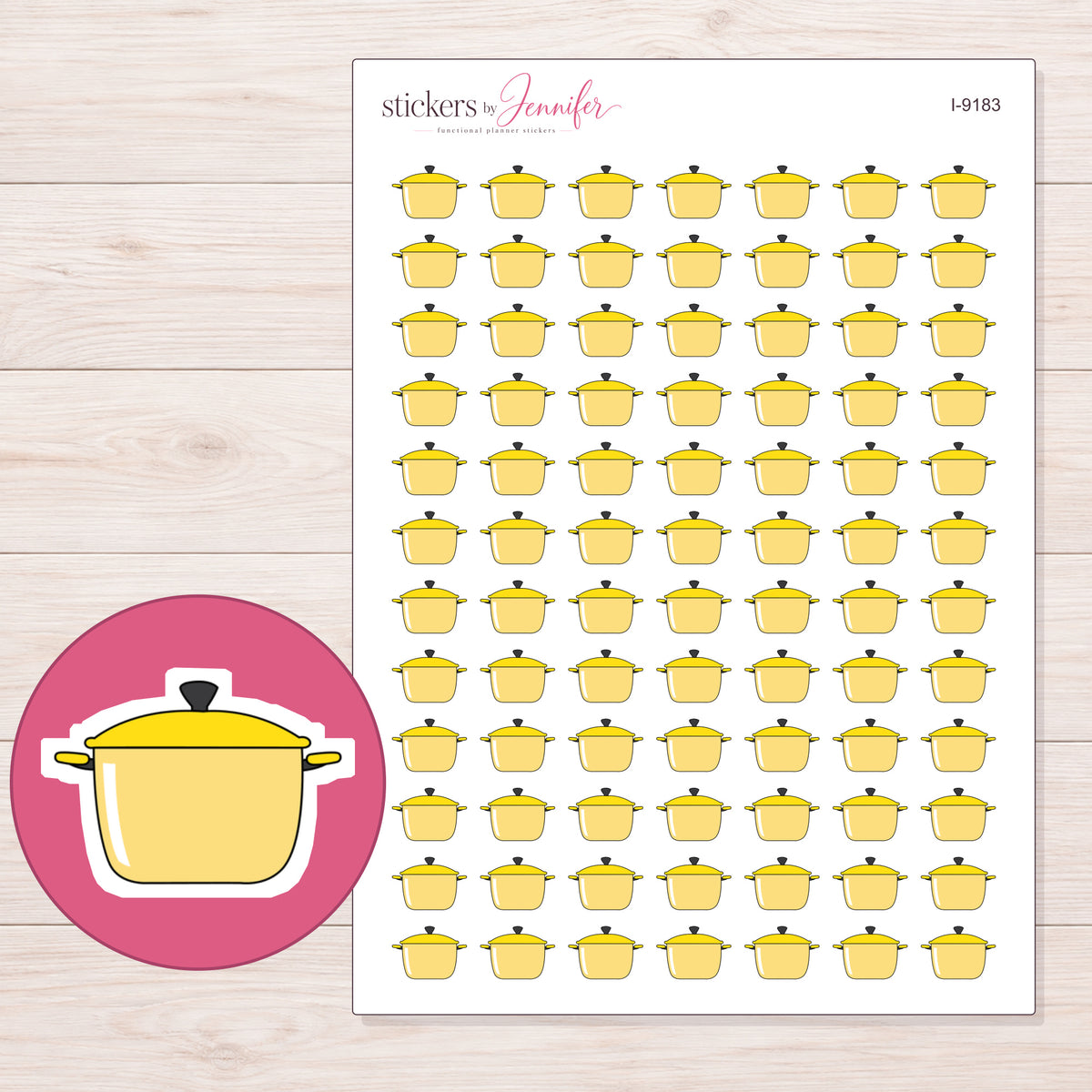 Yellow Lidded Cooking Pot Planner Stickers | I-9183 — 5 × 7 inch sheet and enlarged sticker detail