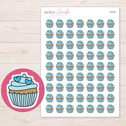 Blue Heart Cupcake Planner Stickers | I-9185 — 5 × 7 inch sheet and enlarged sticker detail