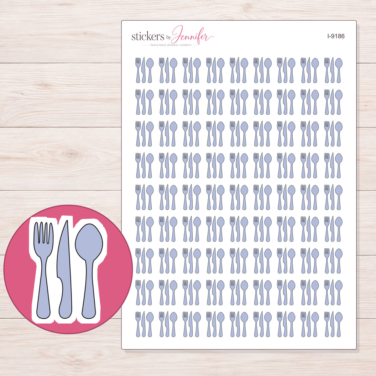 Lavender Cutlery Set Planner Stickers | I-9186 — 5 × 7 inch sheet and enlarged sticker detail