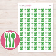 Green Fork and Spoon Planner Stickers | I-9187 — 5 × 7 inch sheet and enlarged sticker detail