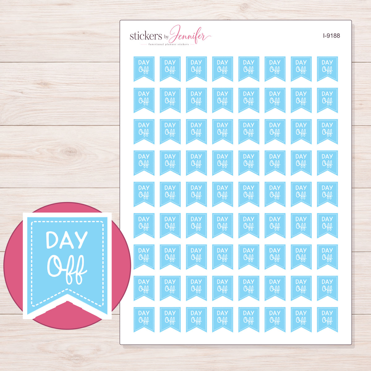 Blue Day Off Flag Planner Stickers | I-9188 — 5 × 7 inch sheet and enlarged sticker detail
