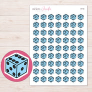 Blue Dice Planner Stickers | I-9192 — 5 × 7 inch sheet and enlarged sticker detail