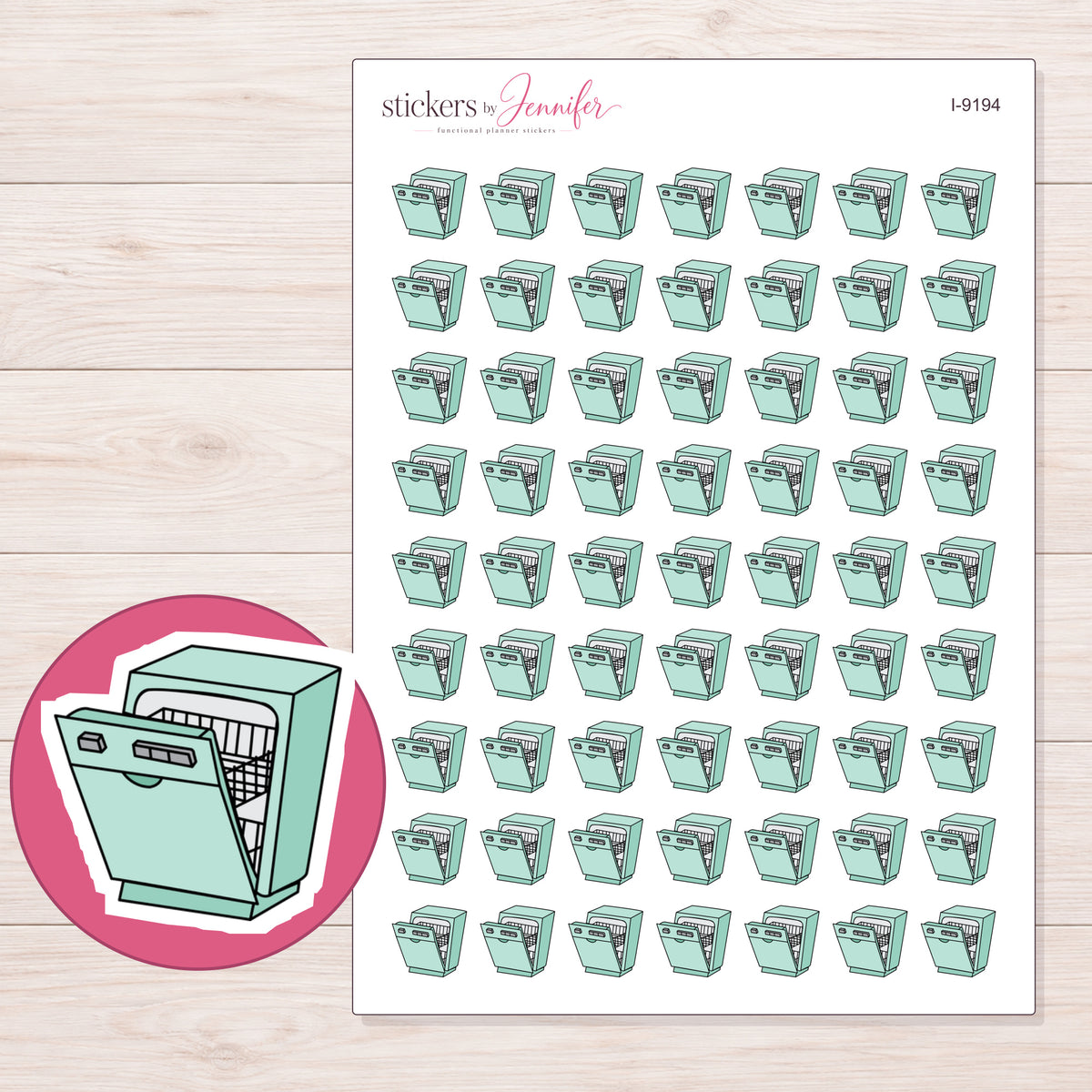 Mint Dishwasher Planner Stickers | I-9194 — 5 × 7 inch sheet and enlarged sticker detail