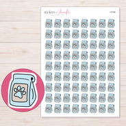 Blue Dog Food Bag Planner Stickers | I-9196 — 5 × 7 inch sheet and enlarged sticker detail