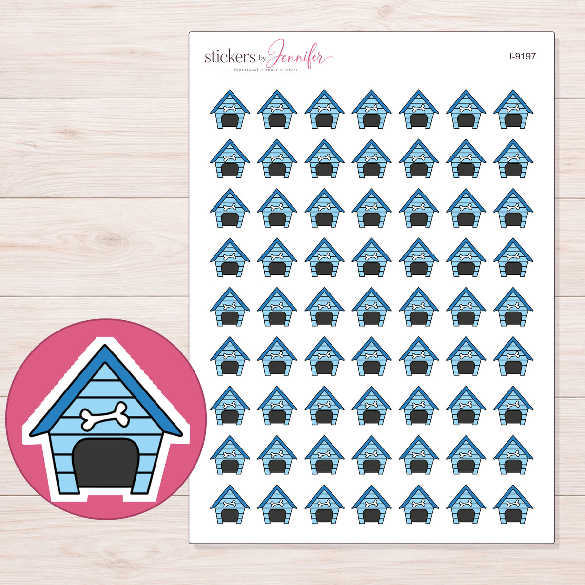 Blue Doghouse Planner Stickers | I-9197 — 5 × 7 inch sheet and enlarged sticker detail