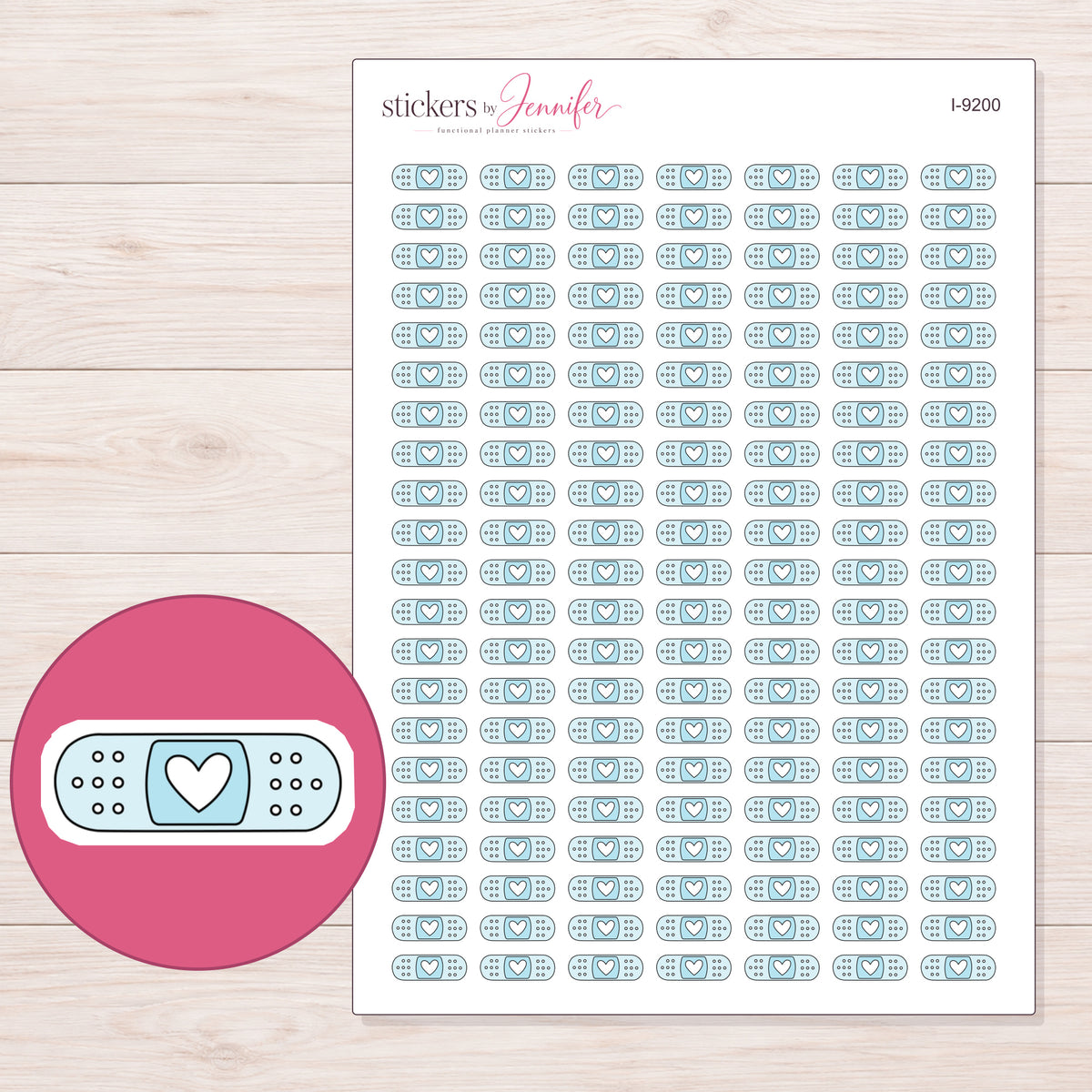 Pale Blue Doodle Heart Bandage Planner Stickers | I-9200 — 5 × 7 inch sheet and enlarged sticker detail