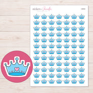 Blue Heart Crown Planner Stickers | I-9203 — 5 × 7 inch sheet and enlarged sticker detail