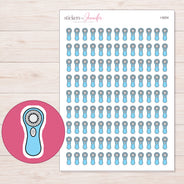 Blue Facial Cleansing Brush Planner Stickers | I-9204 — 5 × 7 inch sheet and enlarged sticker detail